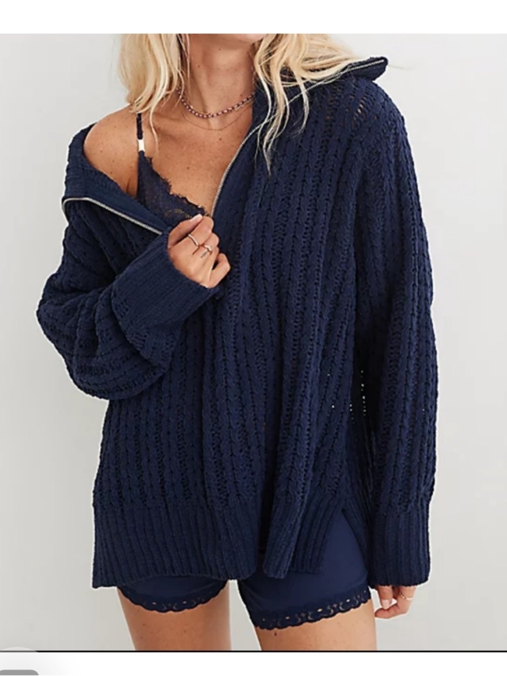 Aerie Navy Cable-Knit Half-Zip oversized Pullover Sweater - Picture 2 of 14